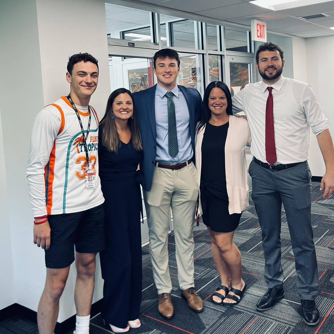 Class of '23 Main Office Interns, L to R, Caleb Pohlmeyer '23, Mrs. Jen Daly, Mason Mattingly '23, Mrs. Amanda Schaeffer, Mr. Zach Schmucker